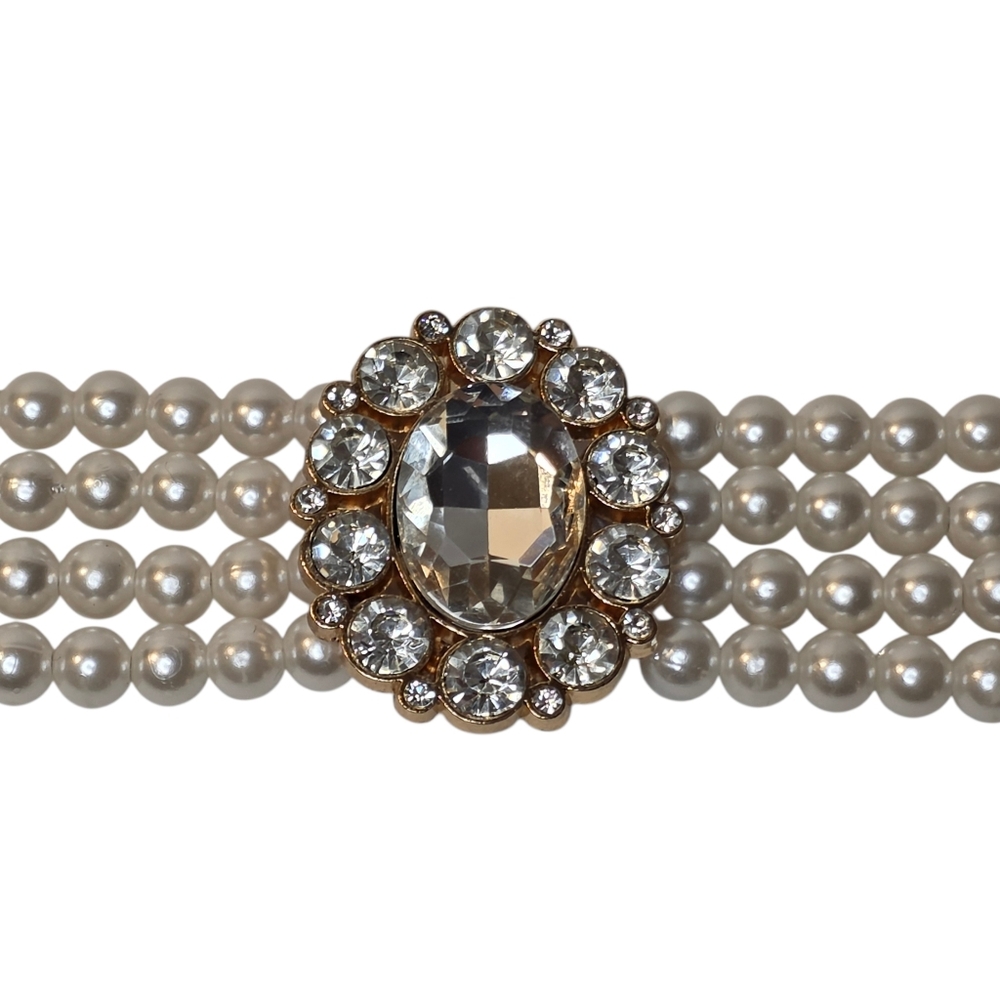 White Faux Pearl Stretch Belt Waist Chain Rhinestone Brooch Buckle  Small Medium - Picture 2 of 4